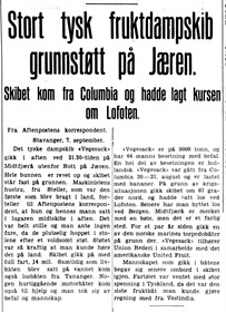1939.09.08 - Aftenposten M S07 - Stort tysk fruktdampskib grunnstøtt på Jæren - Redigert - Vegesack - WEB